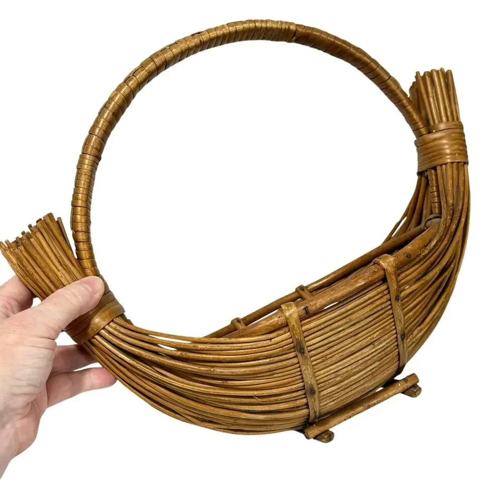 Pencil Reed Wood Basket handmade signed unique boat shape vintage centerpiece